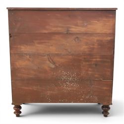 Victorian mahogany chest, with four long  flame mahogany fronted drawers with turned wooden knobs, raised on turned bun feet 
