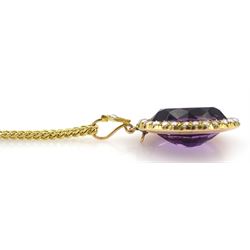 Late 19th/early 20th century gold oval amethyst and seed pearl cluster pendant, stamped 15ct, on later 9ct gold link necklace, hallmarked