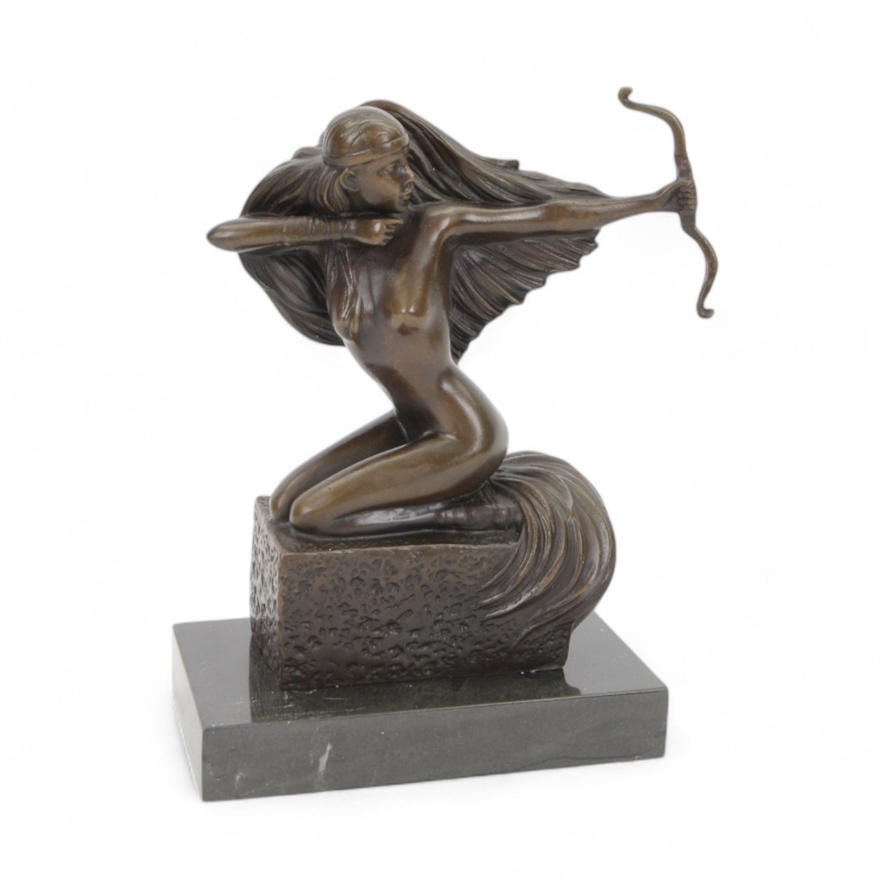 Bronze Sagittarius figure, modelled as a nude female figure with bow and arrow, signed Pino to base, upon marble plinth, H25cm 