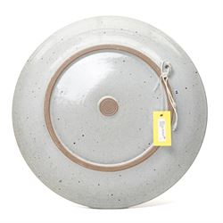 David Frith (1943-): Large charger, decorated with green glaze on a light blue ground, unmarked, D48cm
