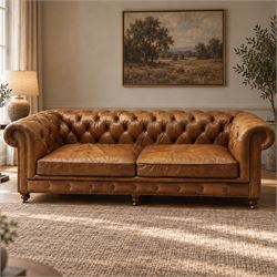 Timothy Oulton for HALO - Three seater brown leather chesterfield sofa, with button back a...
