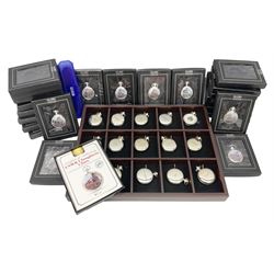 Twenty-three Glory of Steam Atlas Editions silver plated pocket watches, to include The Scottish Horse, Merchant Navy Class, etc, with wood display case, all boxed, twenty one with certificates