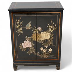 Chinese design black lacquered cupboard, decorated with birds and trailing flowers (W61cm, H81cm, D31cm); together with a similar Chinese design three drawer chest (W57cm, D34cm, H61cm)