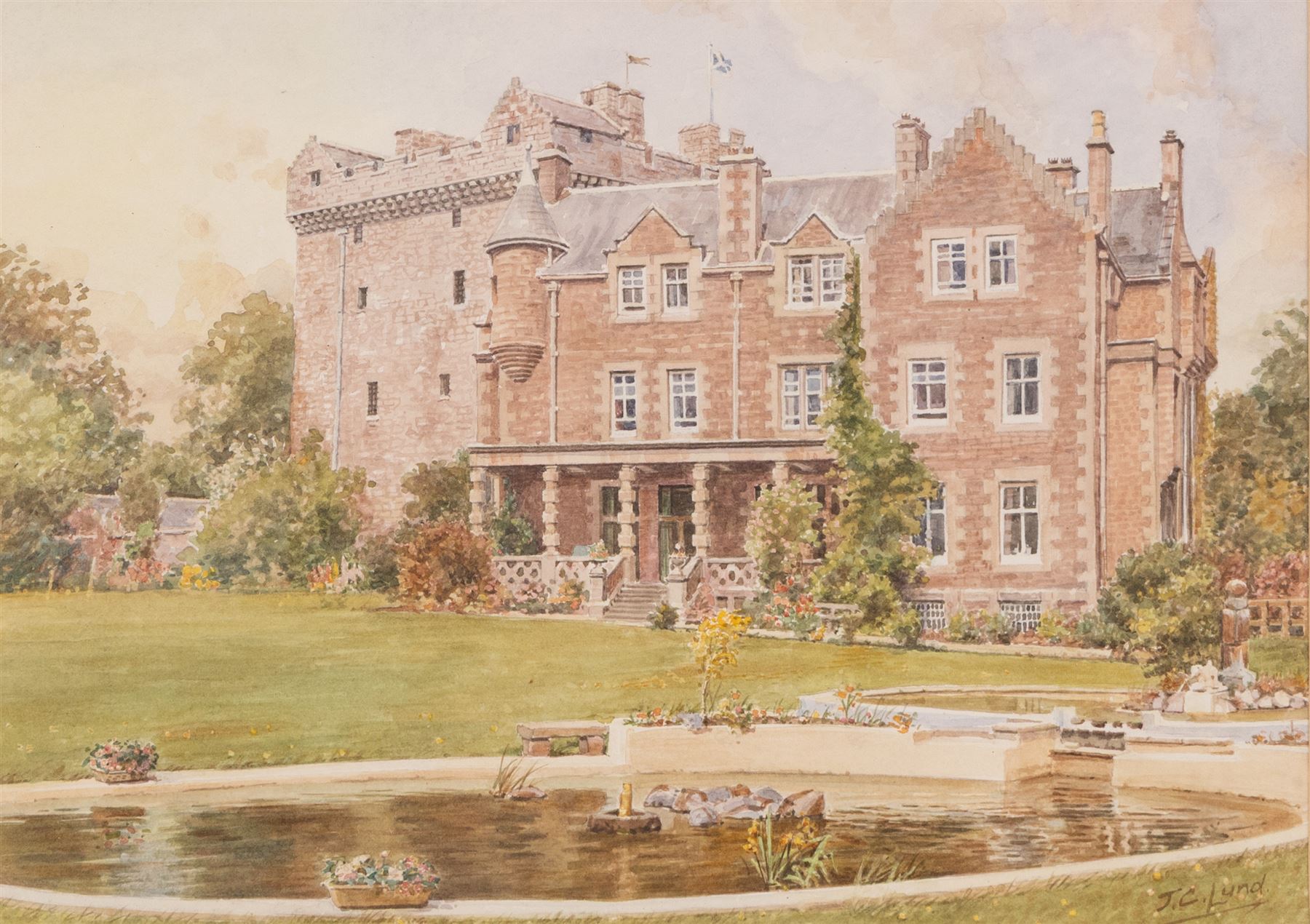 John Cecil Lund (British 1932-): 'Comlongon Castle - Dumfries', watercolour signed, titled on the mount 19cm x 27cm