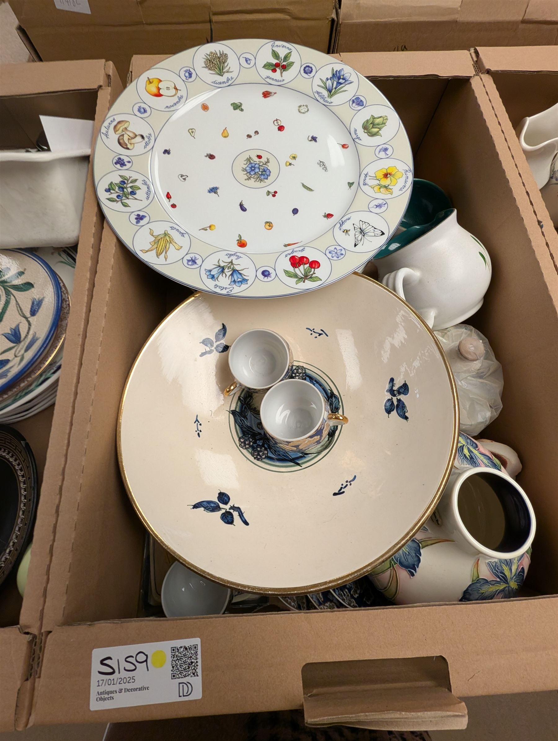 Old Tupton Ware vase, Royal Doulton Juno pattern dinner wares and other ceramics, in three boxes, etc