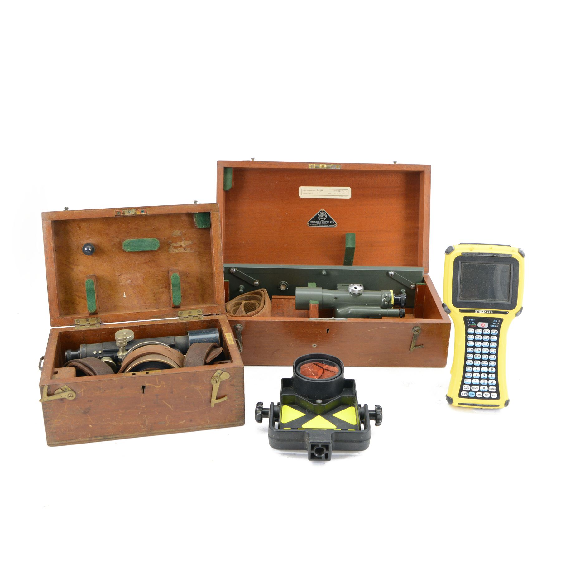 Microsurvey Tracker, Wild GPR 1 prism, Hilger & Watts Ltd theodolite no. 73361 and a Stanley theodolite no. 58470, both in fitted wooden cases