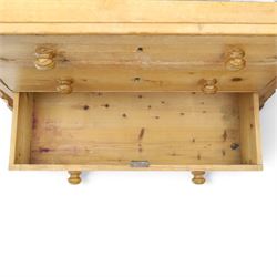 Two pine chests, comprising Victorian pine chest fitted with three  drawers with turned handles, shaped uprights extending to bracket feet, (H 83cm, W 77cm, D 41cm) and Continental pine chest fitted with three drawers with turned handles, on turned feet (H 81cm, W 100cm, D 51cm)
