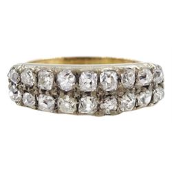Victorian 15ct gold and silver two row diamond half hoop ring, two rows of old cut diamonds set in silver, total diamond weight approx 0.70 carat