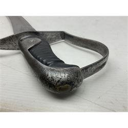 British 1796 Pattern Light Cavalry trooper's sword, the 84cm curving fullered blade stamped Hadley.1 to the back edge, steel hilt with knucklebow, D-shaped langets and leather grip; in polished steel scabbard stamped Osborn & Gunby Birmm. and W.R.16 ( ?16th Light Dragoons) with two suspension rings L100cm overall