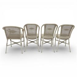 Kok Maison - 20th century French wicker chairs, set of eight including two carvers, with arched woven backs and seats in close cane weave, the frames painted cream, the arms with wrapped wicker detail, raised on turned supports united by cross shaped stretchers