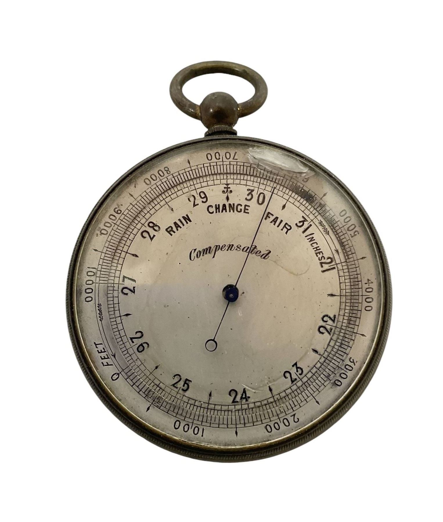 Edwardian pocket aneroid barometer in a brass case. Compensated.