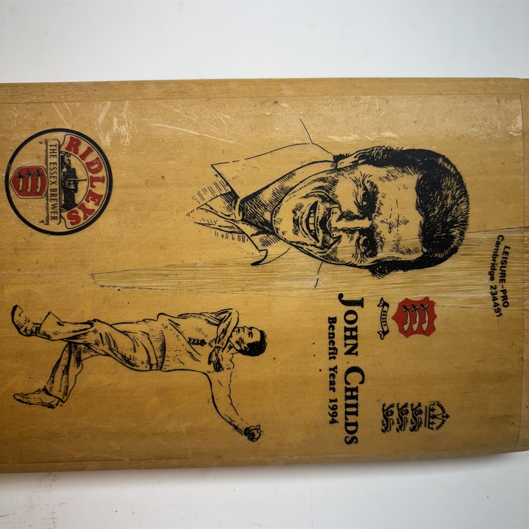 Cricket memorabilia: signed cricket bat from John Childs Benefit year 1994, and two framed England cricket shirts both with signatures, largest frame H95cm