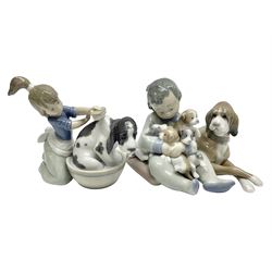 Pair of Lladro figures comprising 'Mis Amigos' model no 5456, and 'Bashful Bather' model no 5455, both with boxes