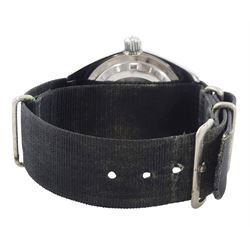 Omega Seamaster 300 gentleman's stainless steel automatic wristwatch, circa 1966, Ref. 165.024, Cal 552, serial No. 23468431, black dial with luminous baton hour markers and Arabic numeral quarters, white outer minute divisions, polished sword hands with luminous inserts, on black fabric strap