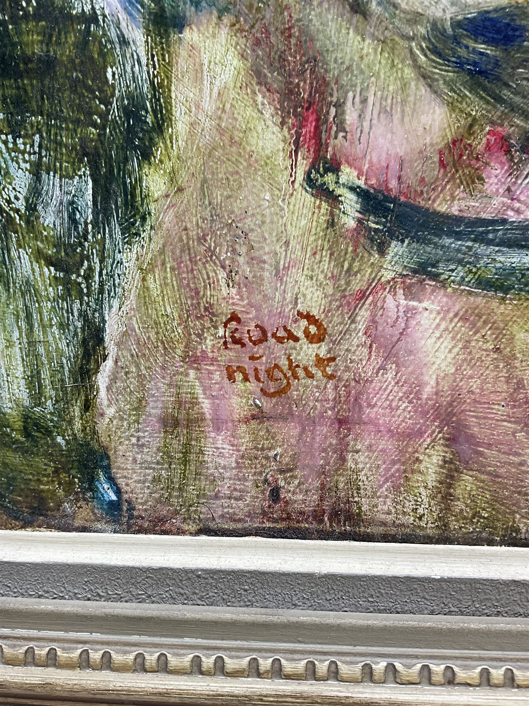 Raymond Arthur Roadnight (British 1941-): 'Model with Artists', oil on board laid on to canvas signed, titled on Royal Academy label verso 62cm x 51cm 
Provenance: the artist's studio collection. Born in High Wycombe, Roadnight spent three years training under Patrick Reyntiens and John Piper creating stained glass windows for Liverpool and Coventry cathedrals. These works included the great baptistry window in the New Coventry Cathedral, the 'Lantern' atop the Catholic Cathedral in Liverpool, and the grand windows in Oundle School Chapel. He has exhited at Royal Academy, Alfred East Gallery, Chichele College in Higham Ferriers, and Burleighfield House in Loudwater.