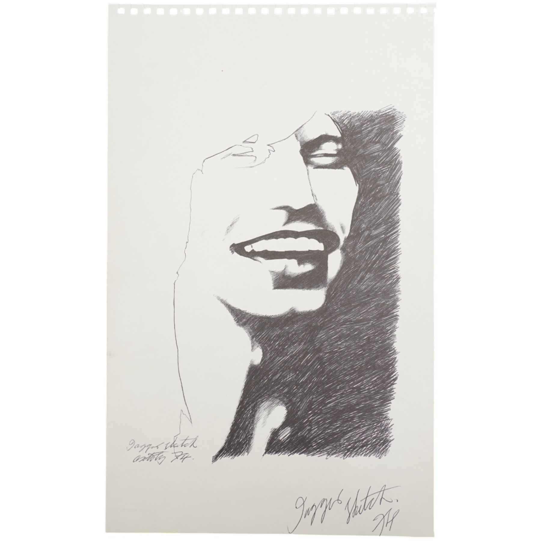 David Oxtoby (Yorkshire Pop Artist 1938-): Mick Jagger (Rolling Stones) - 'Golden Years' 'Jaggin' and 'Jagger Sketch', lithograph and etching in colours and pen and ink sketch signed titled and dated 1978 & '74 in pencil and pen, numbered 2/30 AP & 6/10 artists proof, respectively, max 68cm x 56cm (3) (unframed)
