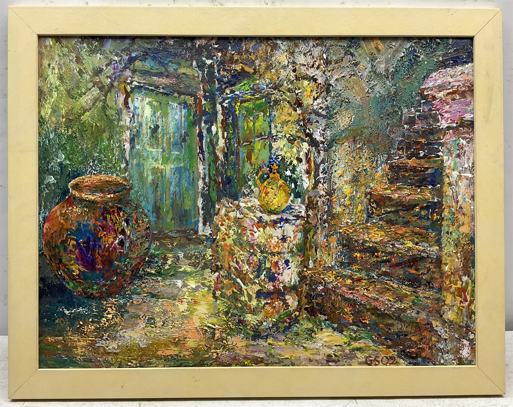Geoffrey Stansfield (British 1933-2011): 'Courtyard in Gaios - Paxos', acrylic on board signed with initials and dated '02, titled on exhibition label verso 46cm x 60cm 
Provenance: exh. Royal Academy Summer Exhibion 2002, label verso