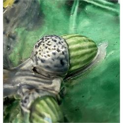 Minton majolica leaf dish, modelled as a Blue Tit perched on a branch with acorns and an oak leaf, date cypher for 1868, impressed marks beneath, L21cm. 