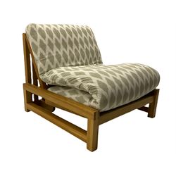 Futon Company - oak framed folding futon with grey and white patterned loose cushion