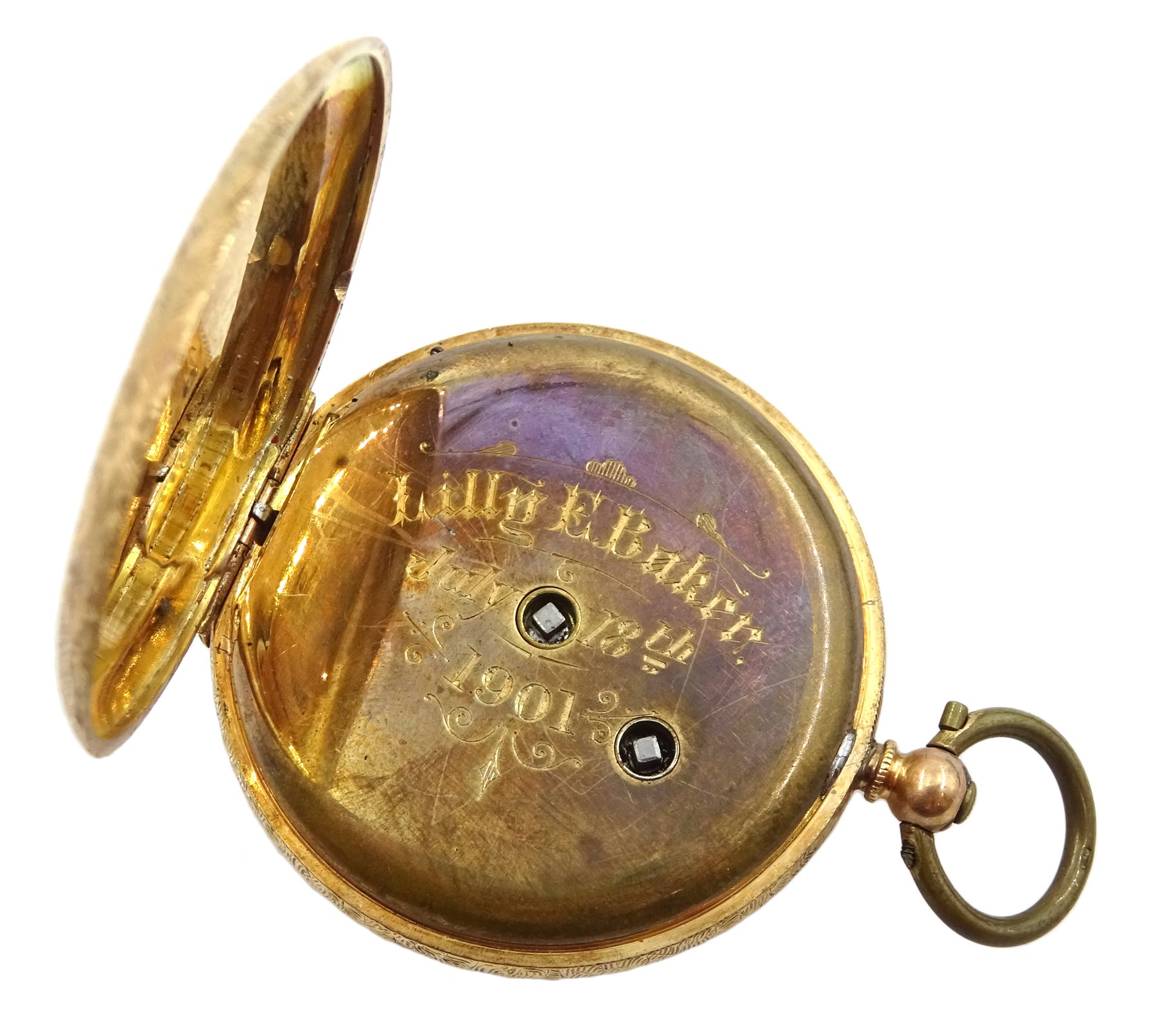 Early 20th century continental gold ladies pocket watch, top wind, stamped 14K, on gold chain stamped 9c