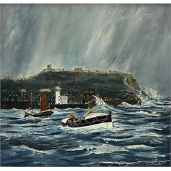 Robert Sheader (British 20th century): Boats Leaving Scarborough Harbour, oil on board signed 46cm x 49cm