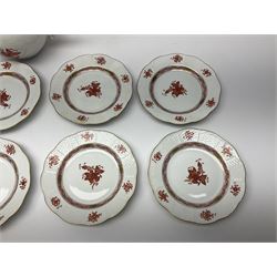 Herend Chinese Bouquet Rose pattern tea service comprising teapot, coffee pot, open sucrier, six cups and saucers, six tea plates, cream jug and stand, milk jug, two teabag holders, preserve pot, two leaf shaped dishes, four egg cups, salt & pepper pots, pair side plates and another plate