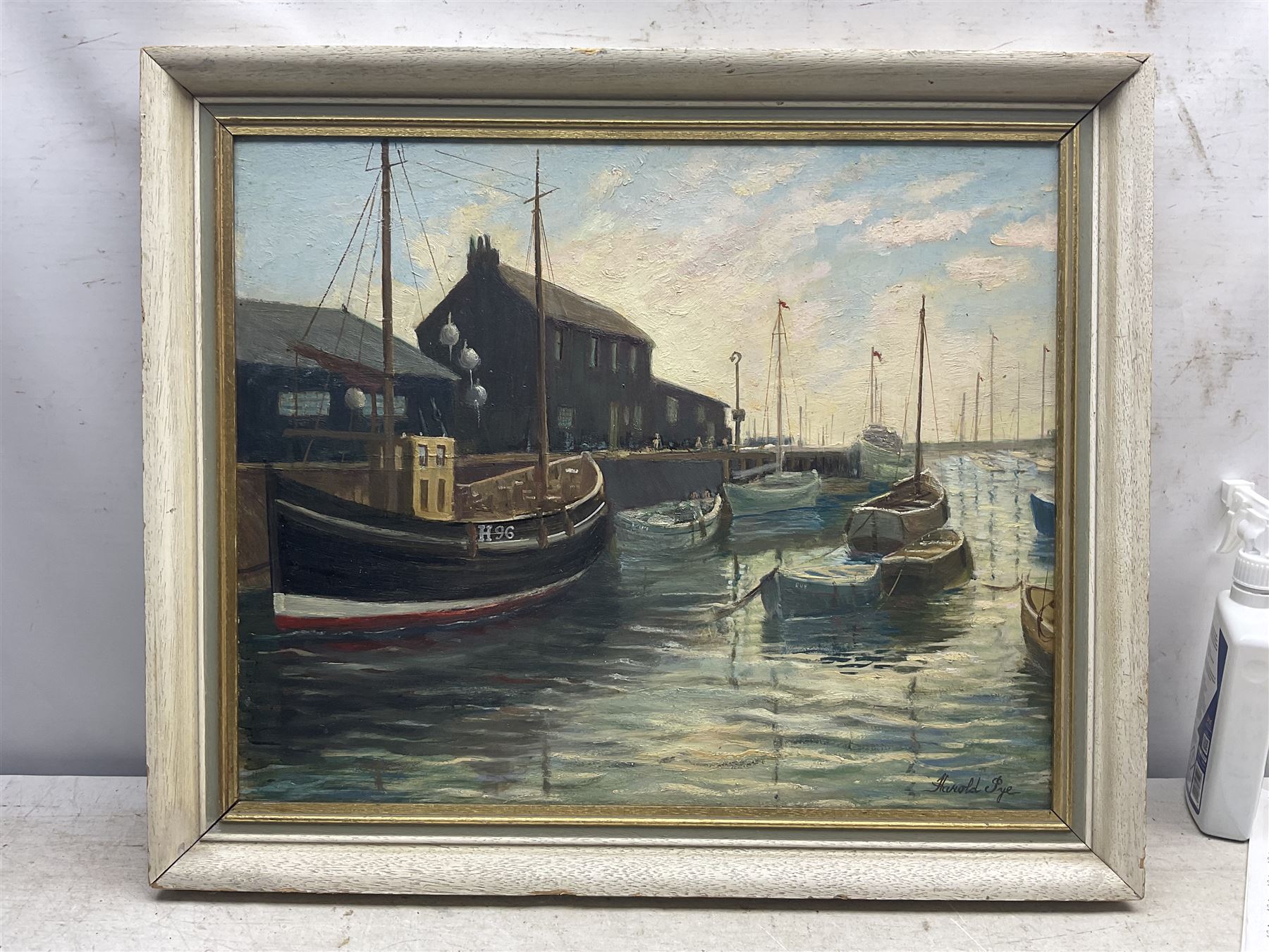Harold Pye (Fylingdales Group mid 20th century): 'Sunrise - Bridlington Harbour', oil on board signed, titled on label verso 44cm x 54cm 