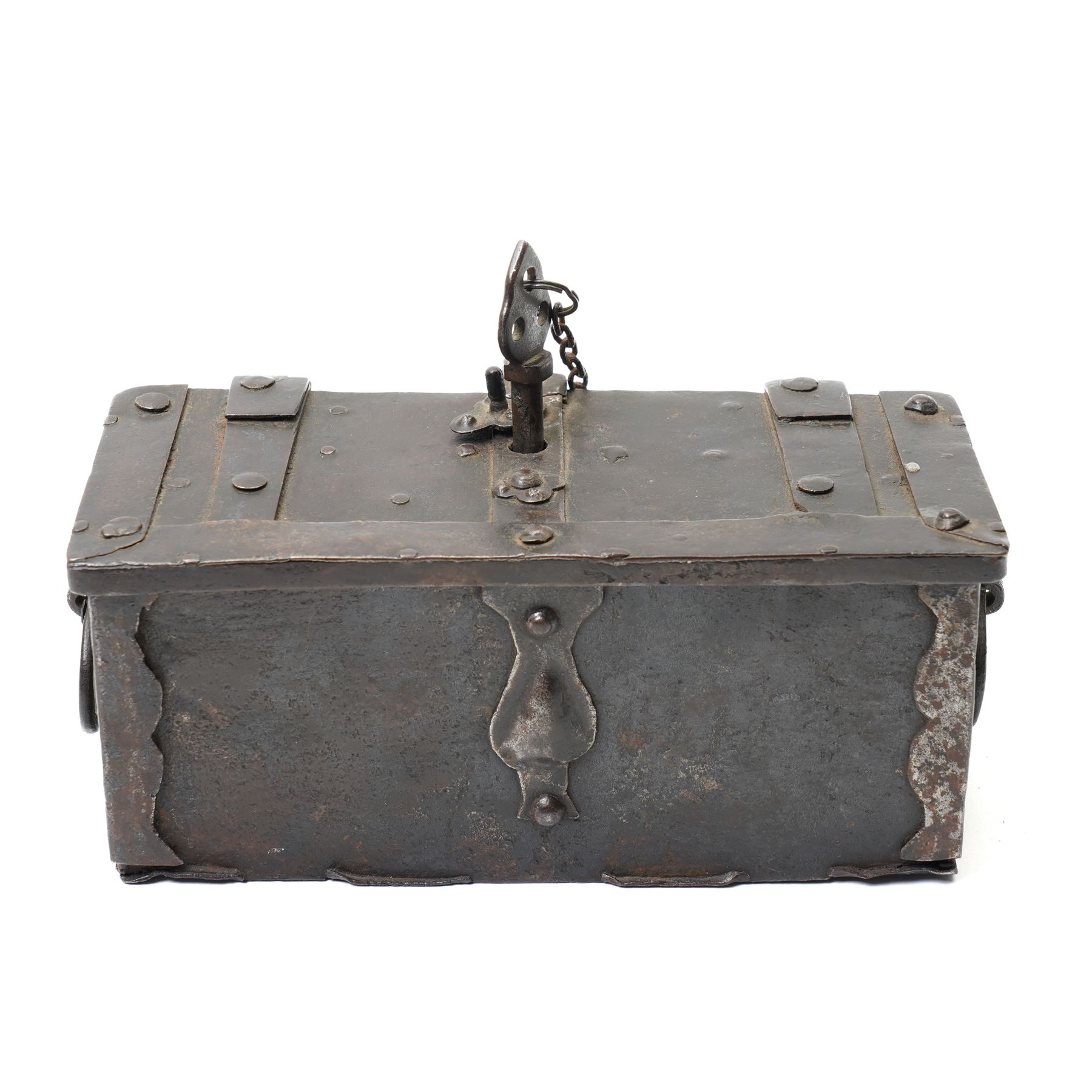 Miniature 17th Century Nuremberg iron table top strongbox, of rectangular form, the hinged lid carrying internal lock mechanism, operated by a key with hinged quatrefoil cover externally, twin carrying handles on each side, with key, W20cm H9cm D9cm