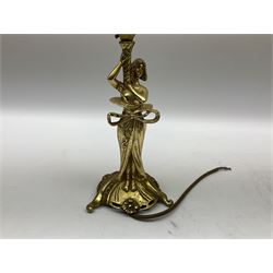 Brass column table lamp with a circular base, together metal lamp in the form of a cherub, and two other table lamps, tallest example H44cm 