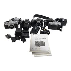 Collection of cameras, including Panasonic Lumix DMC-G5, Panasonic Lumix G1, Canon AE-1, P...