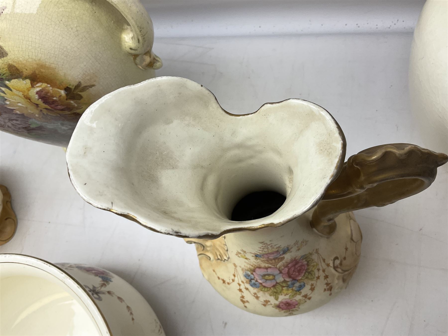 Fieldings Crown Devon Windsor pattern wash jug and bowl, together with two blush ivory ewers and other Victorian ceramics to include twin handled vase of flattened form and jug, tallest H36cm