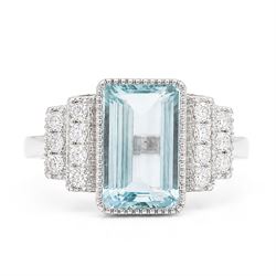 18ct white gold aquamarine and diamond stepped design ring, single milgrain set octagonal ...