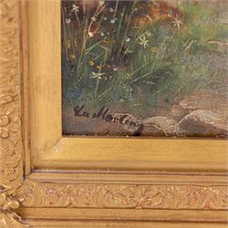 Manner of Hans Zatzka (Austrian 1859-1945): Lady and Cherub in Moonlit Garden, oil on panel indistinctly inscribed, 49cm x 24cm 