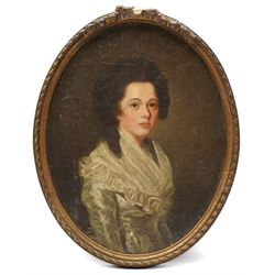 English School (late 18th/early 19th century): Two Portraits of Georgian Young Ladies, pair of oils on canvas laid on to board unsigned, in matching oval frames 24cm x 19cm (2)