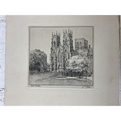 John W King (British fl.1893-1924): 'The Castle Hill - Scarborough', 'Scarborough' from Castle Dykes and 'York Minster, three monochrome prints 14cm x 18cm (unframed) and an abstract collage painting 21cm x 21cm (4)