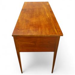 George III inlaid mahogany side table, rectangular top over three cockbeaded drawers with oval brass backplates and handles, on square tapering supports
