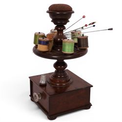 Victorian mahogany bobbin stand, together with pin wheel pin cushion, hat pins other sewing related items, stand H32cm