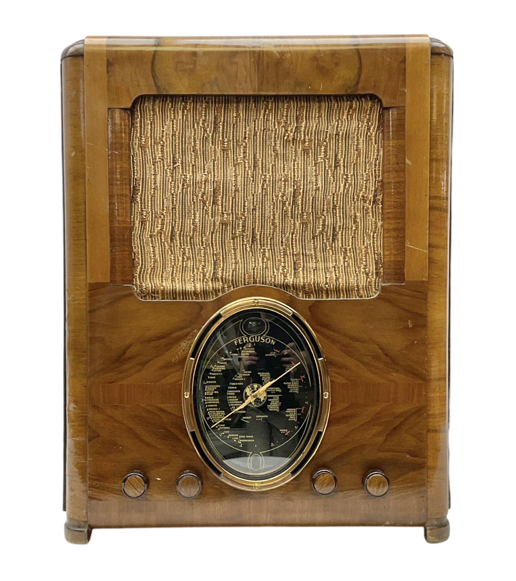 Late 1930s Art Deco Ferguson 503AC walnut cased valve radio, with glazed oval dial above four Bakelite knobs, H55cm D28cm W42cm