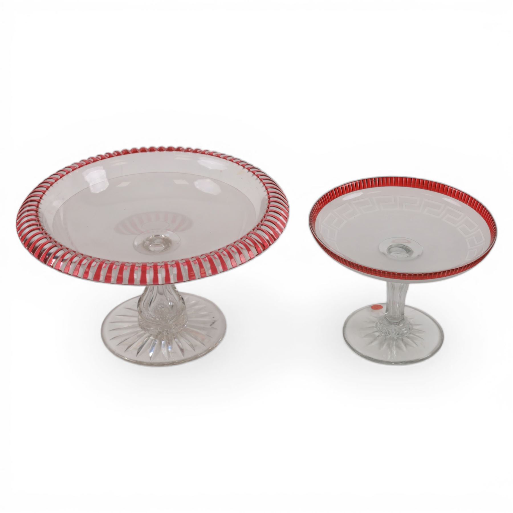 Two Victorian clear, frosted and cranberry cut glass tazzas, largest example H15.5cm D27cm
