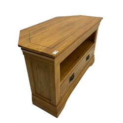 Light oak corner television stand, fitted with open shelf and single drawer