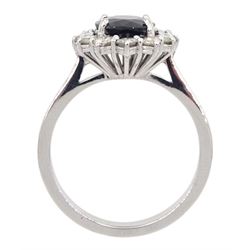 18ct white gold oval sapphire and round brilliant cut diamond cluster ring, hallmarked, sapphire approx 2.60 carat, total diamond weight approx 0.65 carat