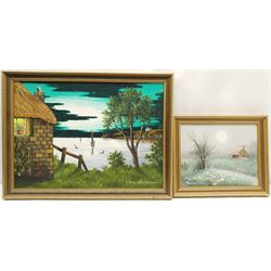 Edward 'Ted' Dyer (British 1940-): Fly Fisherman, oil on canvas signed 39cm x 29cm; Colin Richardson (British 20th century): Boats at Twilight, oil on board signed 32cm x 45cm; Philip Sandee (British 20th century): House by a Meadow, oil on canvas signed 19cm x 25cm (3)