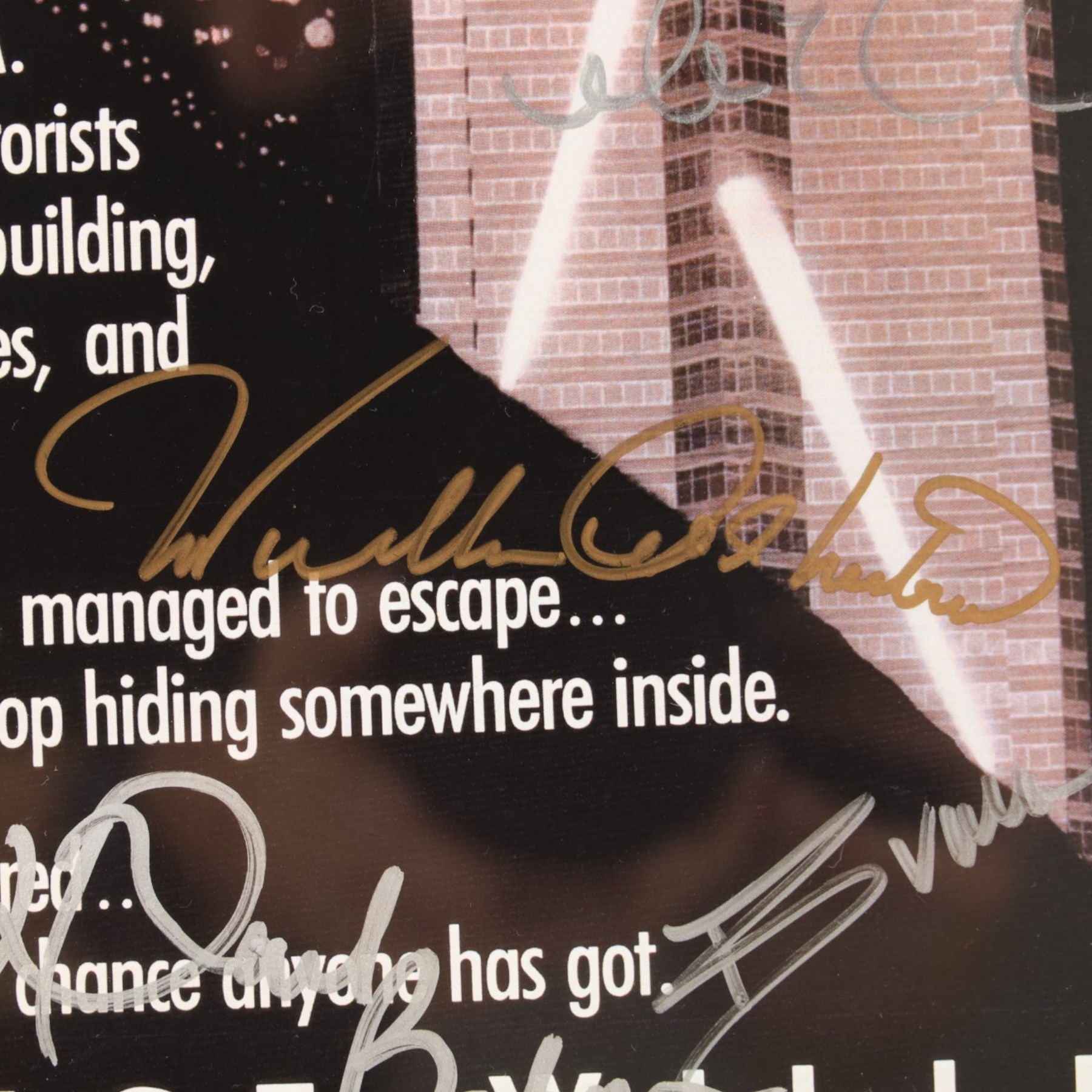 Die Hard (1988) cast signed movie poster, signatures to include Bruce Willis, Bonnie Bedelia, Reginald VelJohnson, William Atherton, Hart Bochner, James Shigeta, Alan Rickman, Bruno Doyon, Andreas Wisniewski and John McTiernan, framed with certificate of authenticity from RICA verso, frame H57cm, W42cm