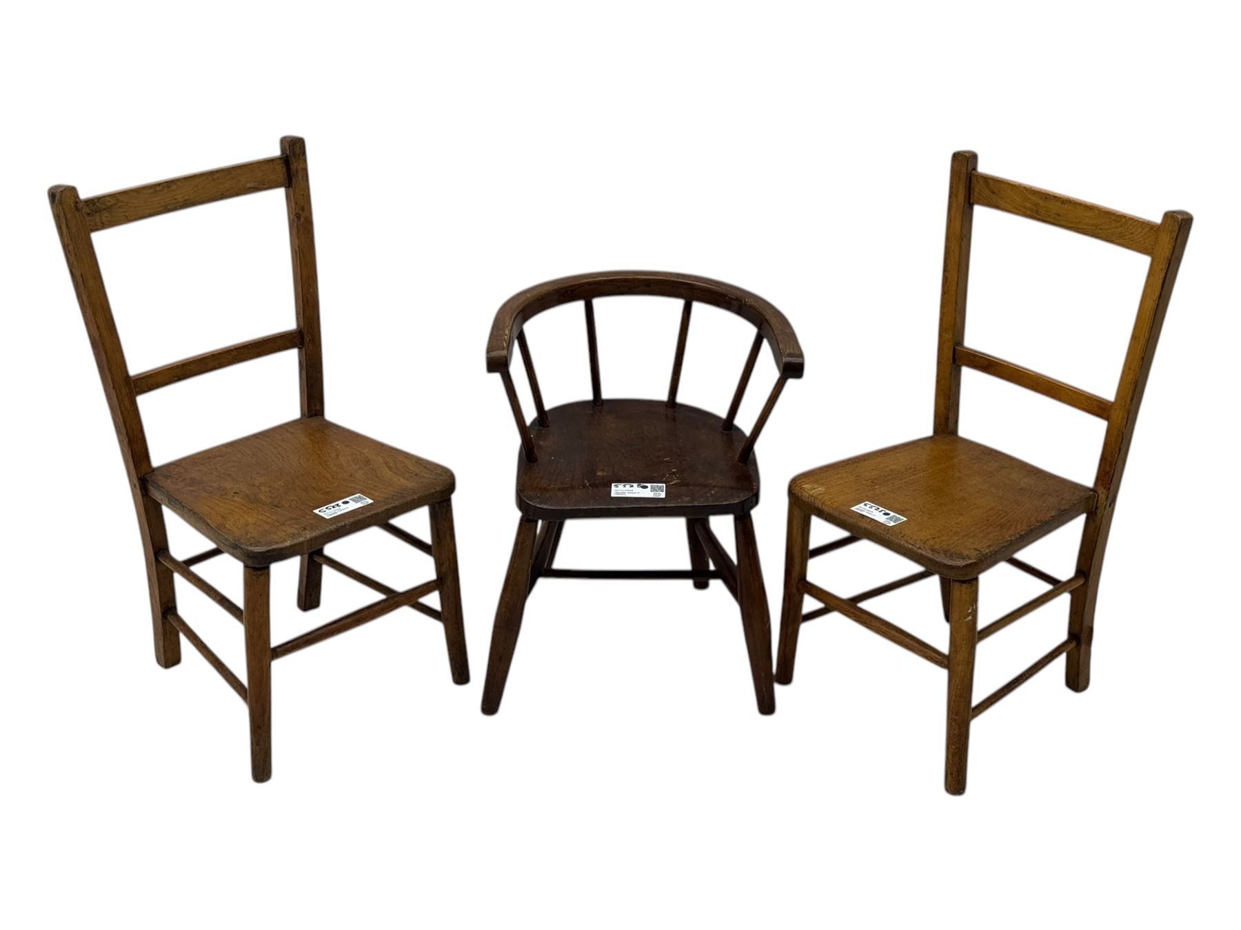 Pair of Victorian mahogany balloon back dining chairs (W49cm); 20th century oak drop-leaf dining table (W92cm); three small children's chairs (6)