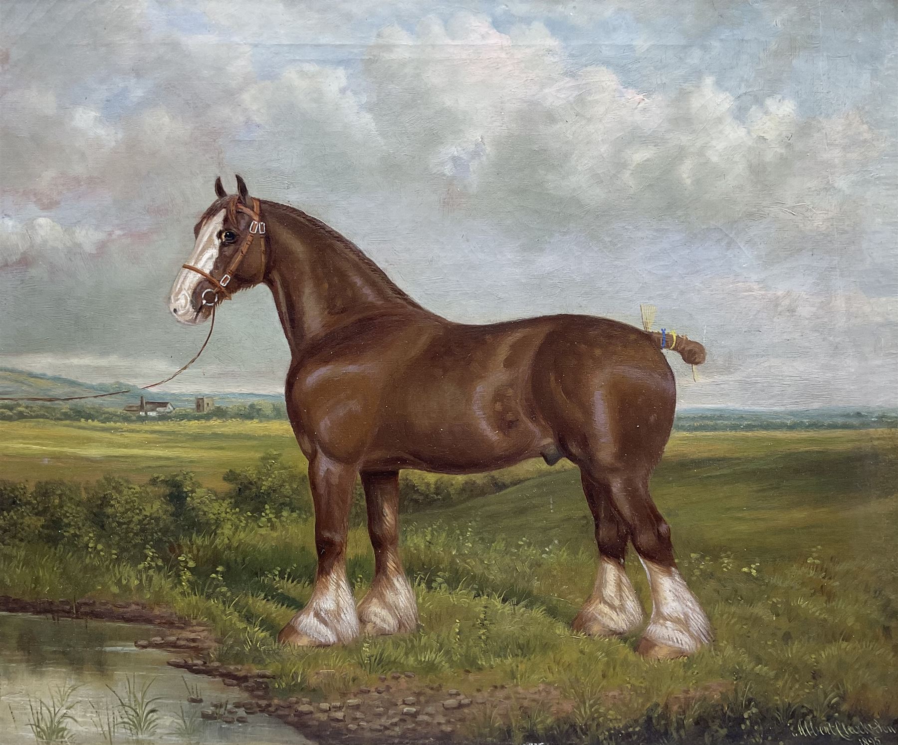 Albert Clark Snr. (British 1821-1909) and Albert James Clark (fl.1890-1943): 'Elford Captain' Portrait of a Shire Horse in Landscape, oil on canvas signed 'Albert Clark and Son' and dated 1895, 50cm x 60cm 