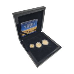 Concorde 50th Anniversary gold three coin set, comprising Queen Elizabeth II 2019 Gibraltar full, half and quarter gold sovereign coins, cased with certificates