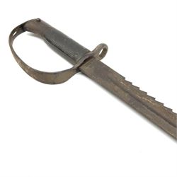 Pattern 1879 Martini Henry Carbine heavy artillery saw-back sword bayonet the 65.5cm fullered blade with various ordnance marks to the ricasso, black chequered grips and D-shaped knuckle guard, lacks scabbard, L79.5cm overall