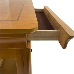 Yew wood sideboard, rectangular top with mahogany and ebony stringing, fitted with two drawers over three glazed cupboard doors enclosing glass shelves