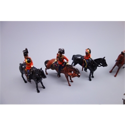  Britains Lancers, probably set 33 16th Lancers, officer turned in saddle with tin sword and four Lancers at halt, five various foot soldiers and two native archers  