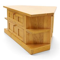 Seahorseman - craftsman made Yorkshire oak corner media unit, fitted with two panelled fall-front compartments flanked by open corner shelves, carved with seahorse signature, by Shaw and Michael Riley, Hessay, York
